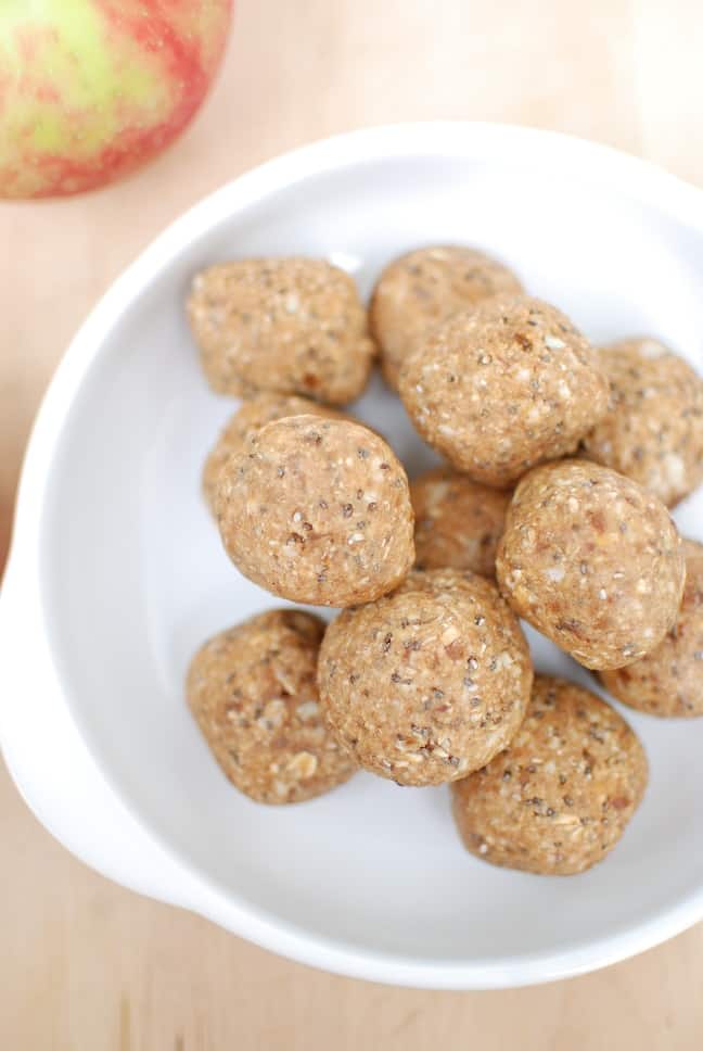 No bake apple peanut butter oatmeal balls in a white dish