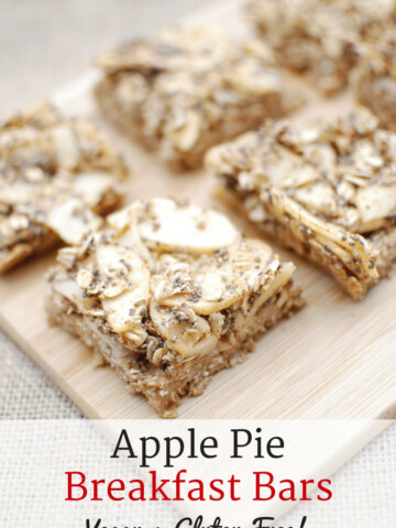 These vegan and gluten free breakfast bars will have you saying yes to apple pie for breakfast! Apple pie breakfast bars are made with natural, whole food ingredients and are a great healthy recipe for the whole family.