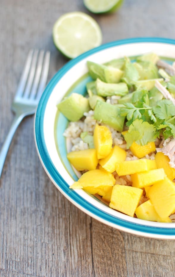 YUM! These pork burrito bowls with avocado and mango are so easy to make. Less than 10 ingredients to pick up at the store and less than 30 minutes of prep time! A great healthy dinner recipe. 
