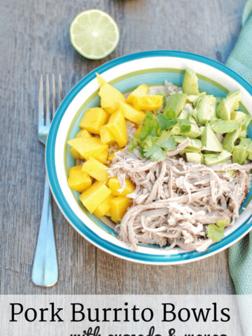 YUM! These pork burrito bowls with avocado and mango are so easy to make. Less than 10 ingredients to pick up at the store and less than 30 minutes of prep time! A great healthy dinner recipe.