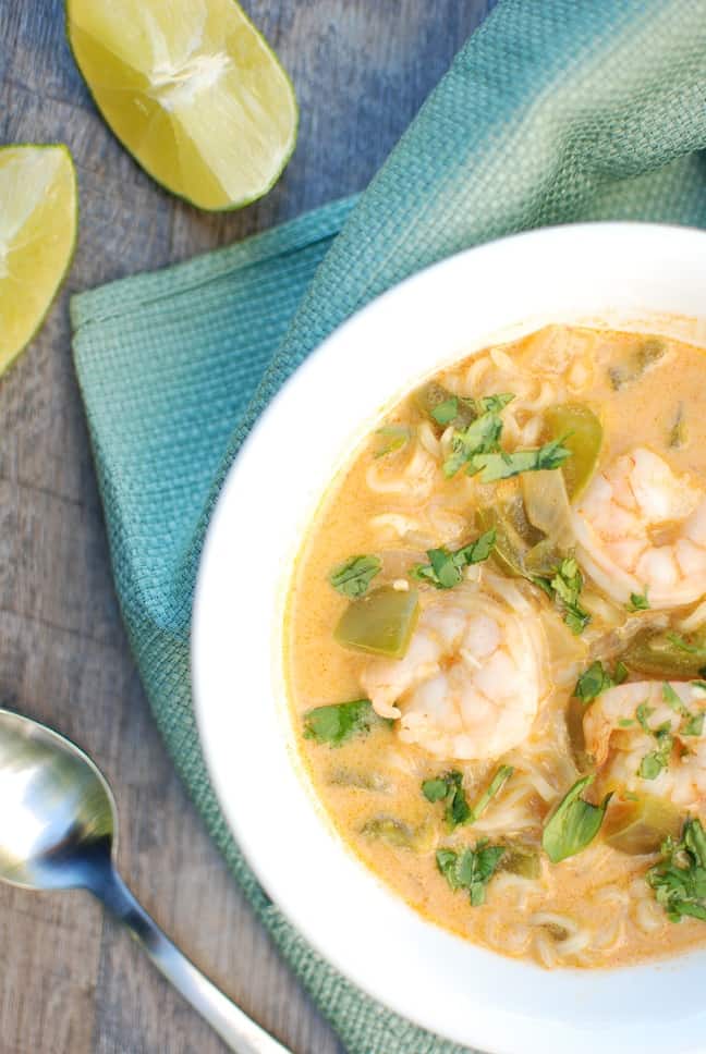 This coconut curry shrimp ramen bowl recipe screams cool weather comfort food. And this healthy dinner still clocks in at under 450 calories per serving, includes 19 grams of protein, and is done in under 30 minutes! 