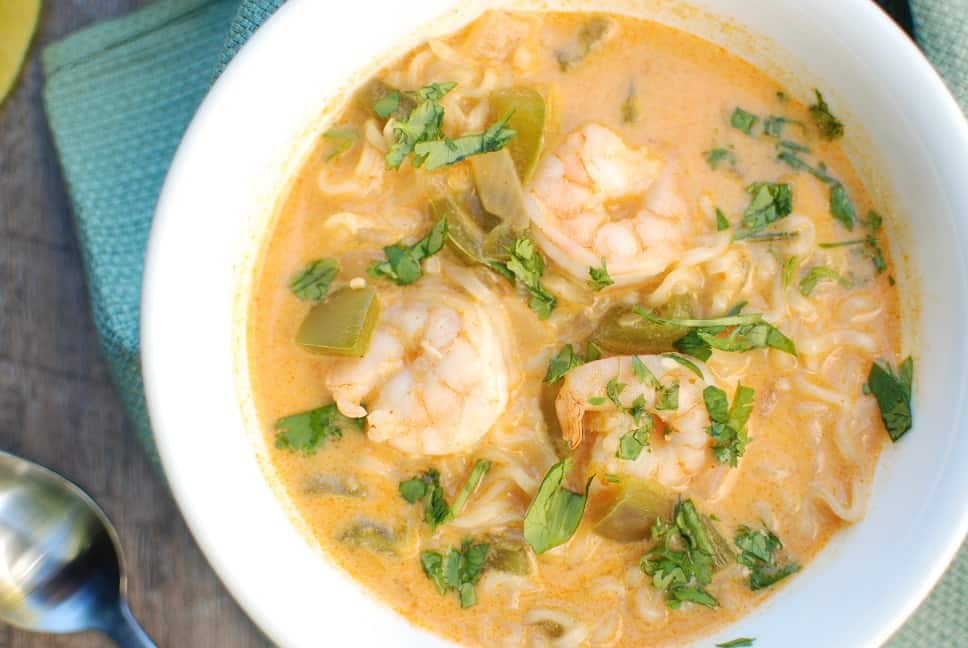 This coconut curry shrimp ramen bowl recipe screams cool weather comfort food. And this healthy dinner still clocks in at under 450 calories per serving, includes 19 grams of protein, and is done in under 30 minutes! 