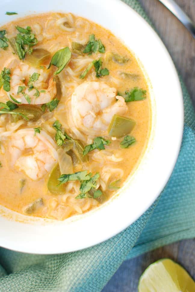 This coconut curry shrimp ramen bowl recipe screams cool weather comfort food. And this healthy dinner still clocks in at under 450 calories per serving, includes 19 grams of protein, and is done in under 30 minutes! 