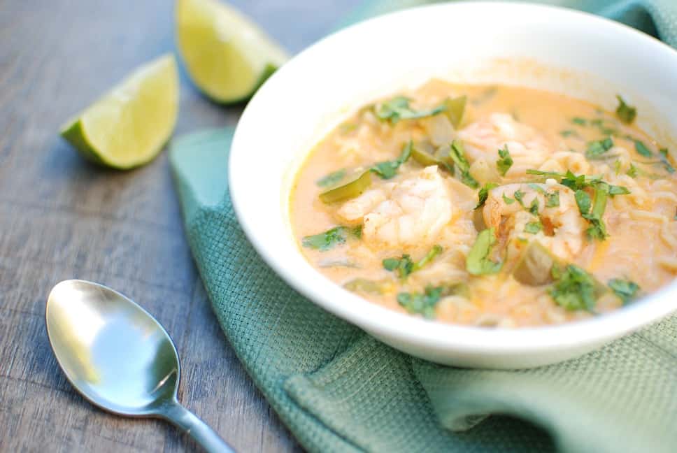 This coconut curry shrimp ramen bowl recipe screams cool weather comfort food. And this healthy dinner still clocks in at under 450 calories per serving, includes 19 grams of protein, and is done in under 30 minutes! 