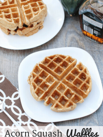 These acorn squash waffles are a perfect family breakfast on a cold winter morning! They’re healthier than most waffle recipes since they’re whole grain and contain a vegetable – plus they are easy to whip up quickly.
