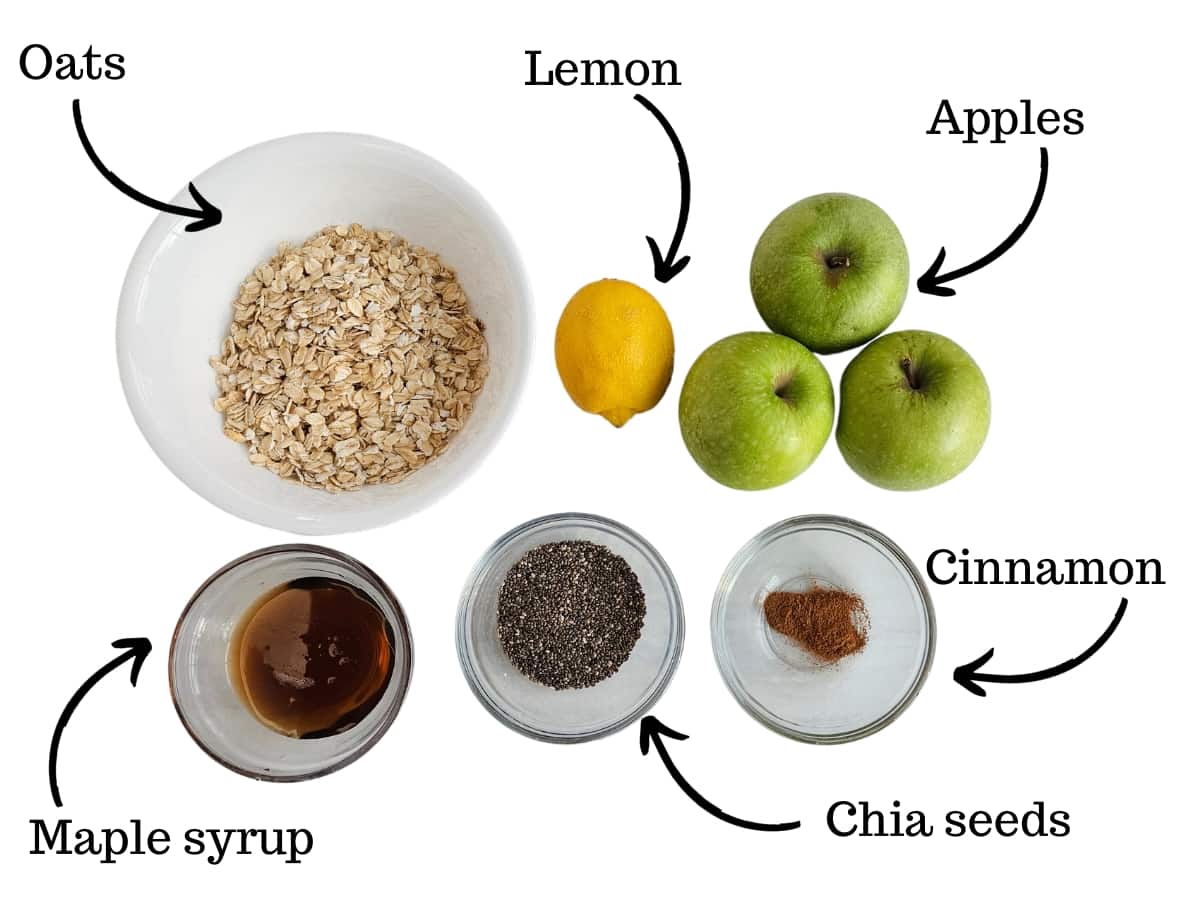 Oats, lemon, apples, maple syrup, cinnamon, and chia seeds.