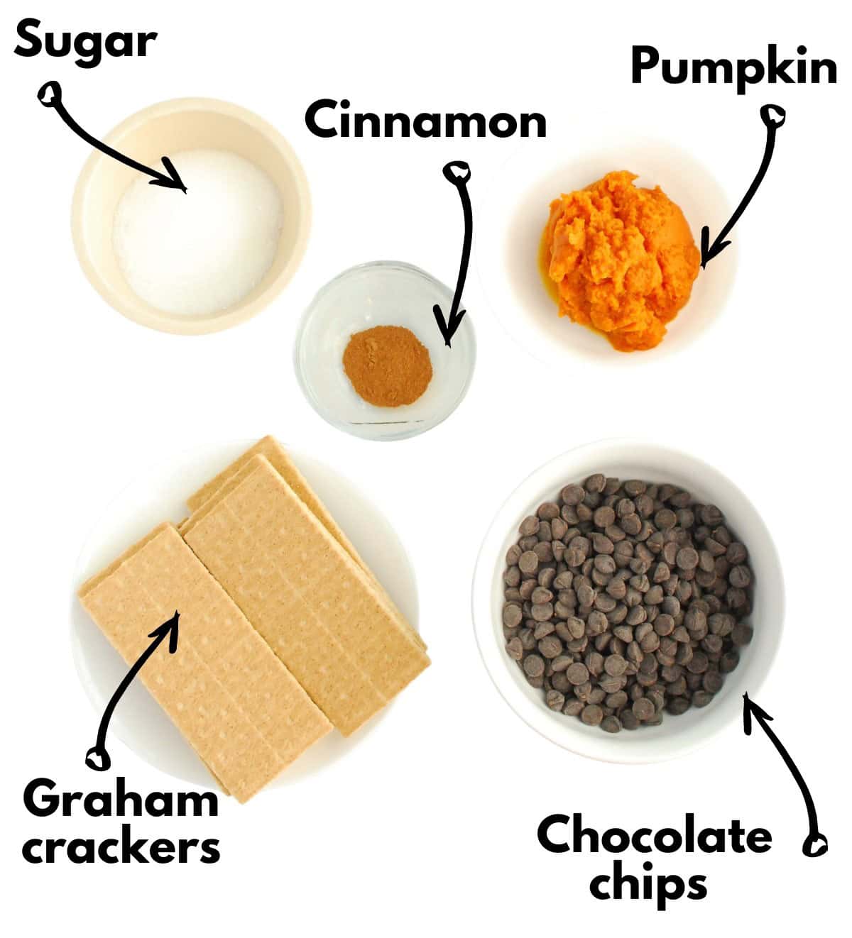 Graham crackers, pumpkin puree, cinnamon, sugar, and chocolate chips.