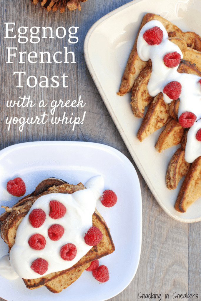 A plate and a platter filled with healthy eggnog french toast.