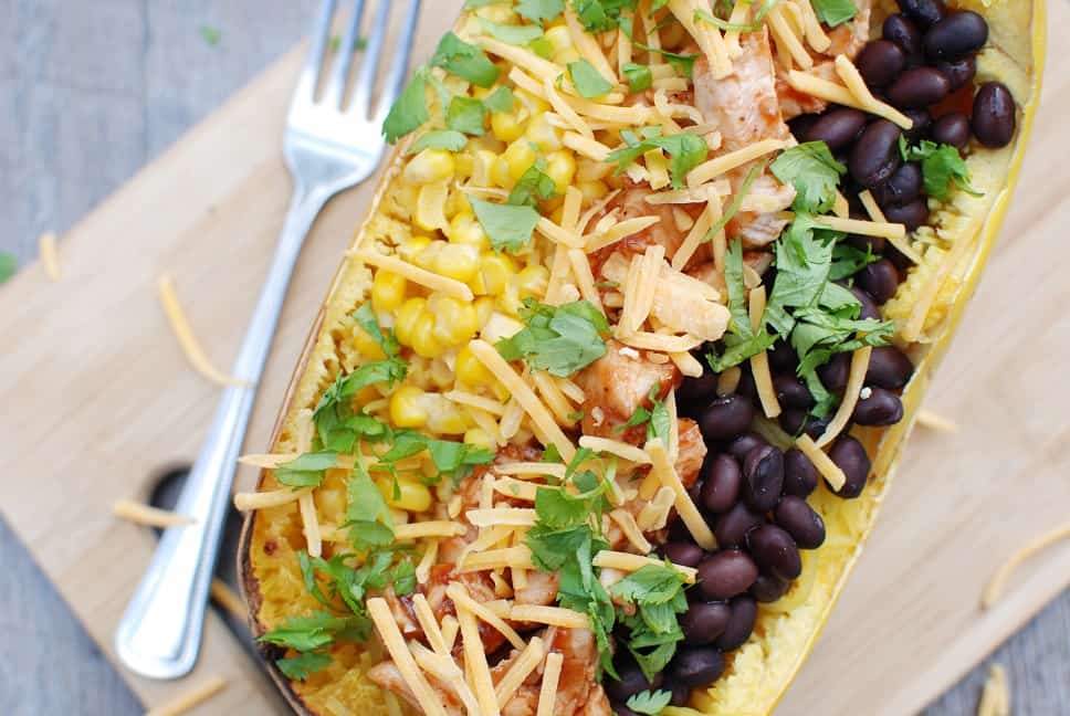 These BBQ chicken spaghetti squash bowls are a perfect way to combine your love of BBQ with a veggie rich dish. With less than 10 ingredients and only 500 calories per serving, it’s a healthy dish that’s easy to make!