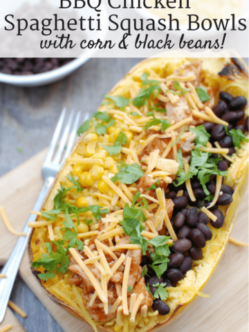 These BBQ chicken spaghetti squash bowls are a perfect way to combine your love of BBQ with a veggie rich dish. With less than 10 ingredients and only 500 calories per serving, it’s a healthy dish that’s easy to make!