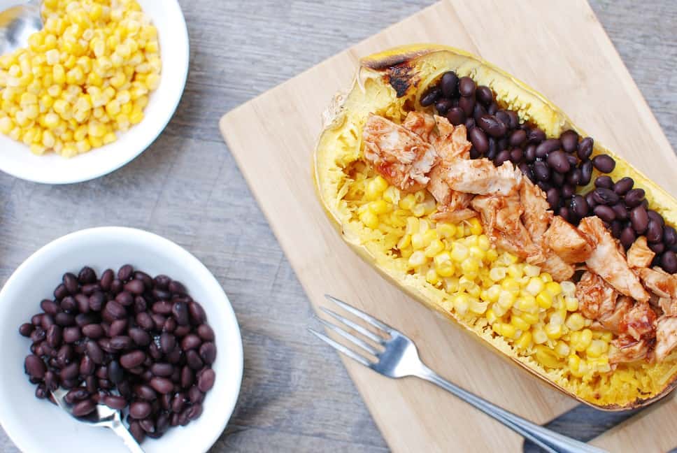 These BBQ chicken spaghetti squash bowls are a perfect way to combine your love of BBQ with a veggie rich dish. With less than 10 ingredients and only 500 calories per serving, it’s a healthy dish that’s easy to make!