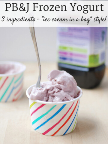 It’s healthy dessert time! This peanut butter and jelly homemade frozen yogurt is made with just 3 ingredients. It’s less than 200 calories, packed with 24 grams of protein, and is fun for the whole family when made “ice cream in a bag” style!