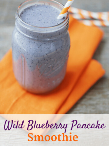 This wild blueberry pancake smoothie is just like it sounds – all the flavors of a blueberry pancake in a healthy smoothie recipe! It’s easy to make and is perfect for breakfast, to split as a snack, or enjoy as a post workout recovery meal. Plus, it packs in 17 grams of protein from whole food ingredients!