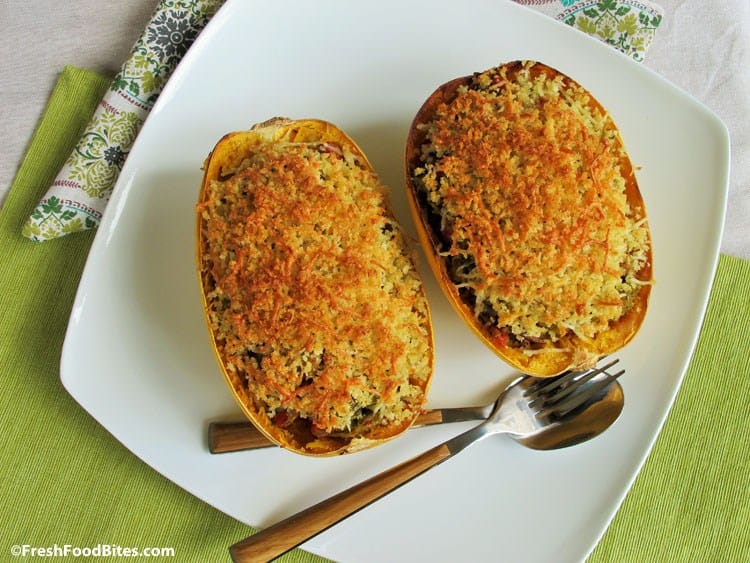 Chicken sausage and pesto stuffed spaghetti squash.