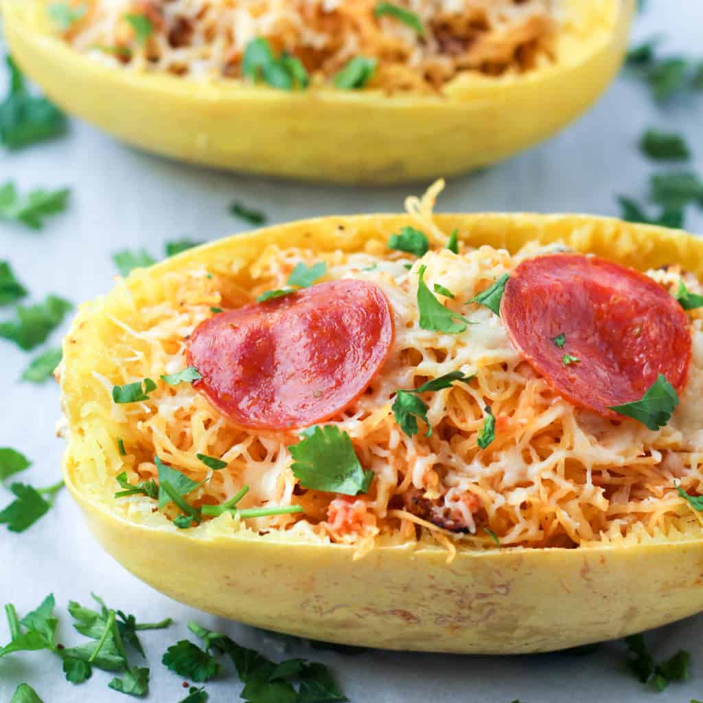 Pepperoni pizza spaghetti squash is a family friendly health spaghetti squash recipe.