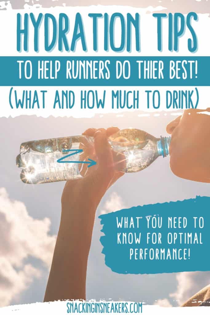 A woman drinking out of a water bottle with a text overlay about hydration tips for runners.