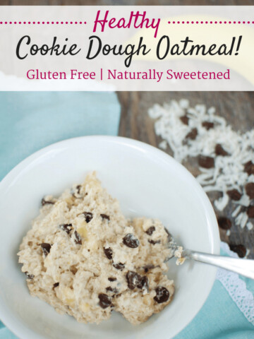 Healthy cookie dough oatmeal will rock your breakfast world! This gluten free recipe is primarily naturally sweetened with banana and yogurt – plus the indulgent addition of a few chocolate chips and shredded coconut.