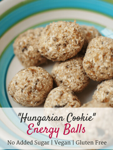 These hungarian cookie energy balls are a great sweet snack to enjoy any time of day! Just 100 calories each, vegan, and gluten free. They are also perfect for cyclists or ultra runners to make and use for long events! | Healthy Snacks | Healthy Snacks on the Go | Energy Bites | Energy Balls | Homemade Running Fuel