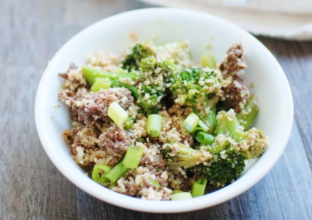 Soy Glazed Ground Beef Bowl with Cauliflower Rice & Broccoli
