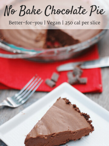 This no bake vegan chocolate pie is one of the yummiest desserts out there! This better-for-you option tastes incredibly rich and decadent, yet clocks in at just 250 calories per slice. Plus it’s vegan and gluten free!