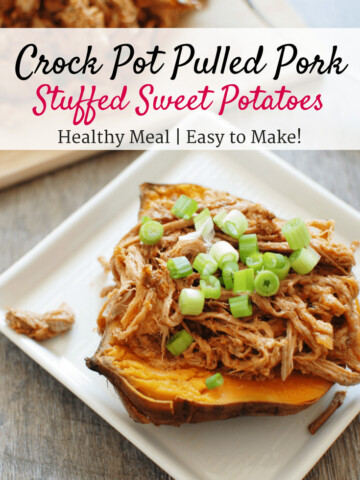 This crock pot pulled pork puts a healthy spin on a traditional favorite! Pork tenderloin means the meat is leaner, while a homemade Carolina style barbecue sauce means far less added sugar. Use it to make these pulled pork stuffed sweet potatoes, or whatever else you love to do with pulled pork!