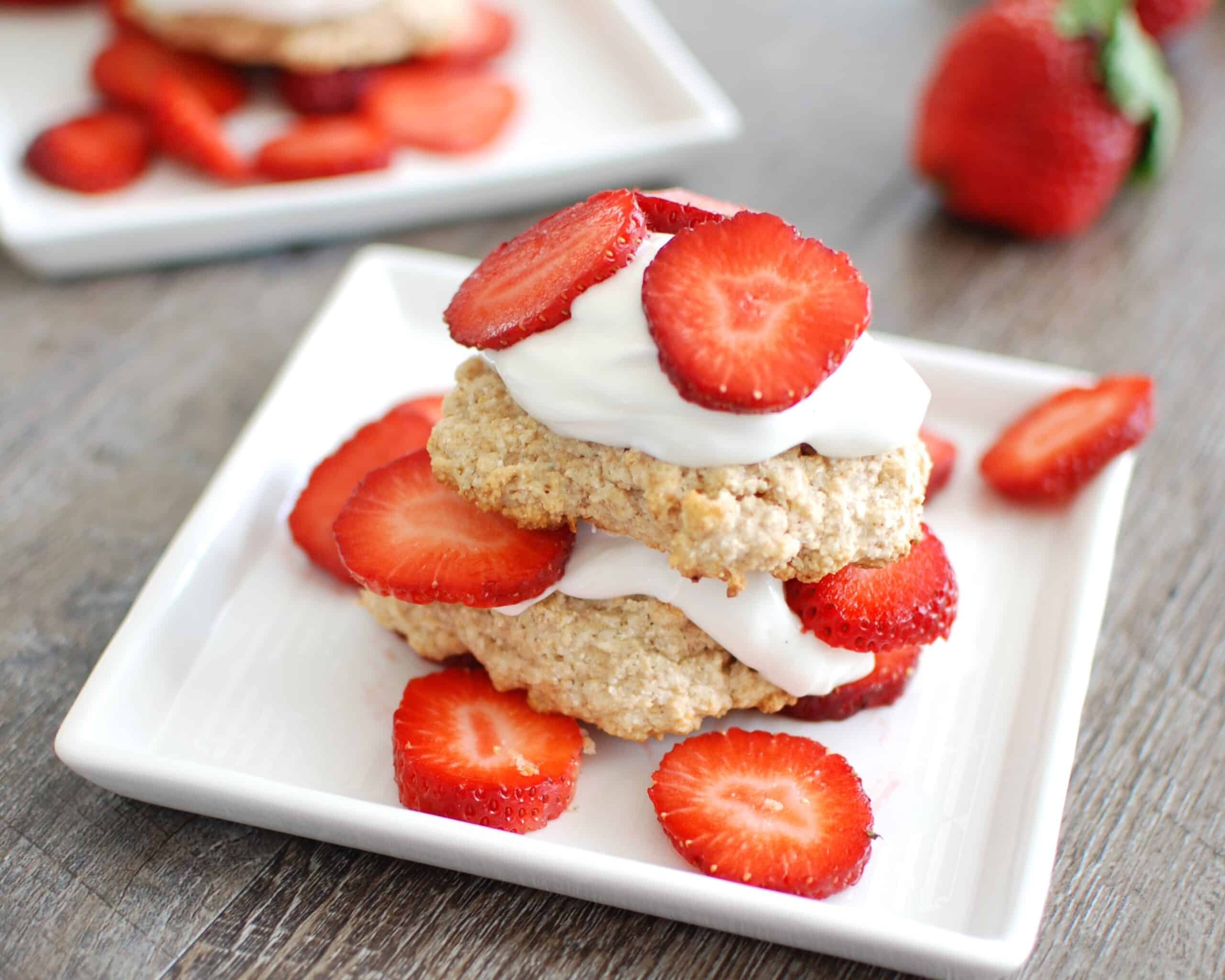 A higher protein strawberry shortcake on a white plate.