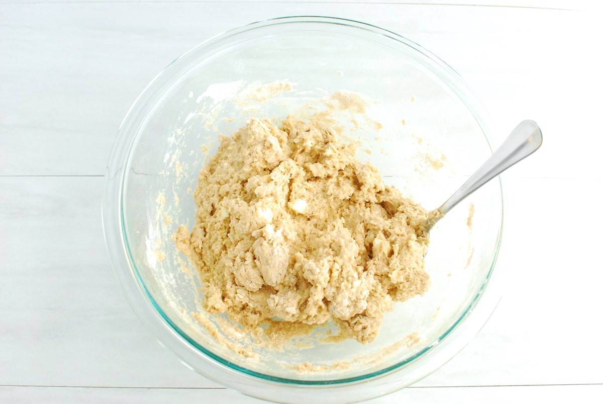 Shortcake biscuit dough in a mixing bowl.