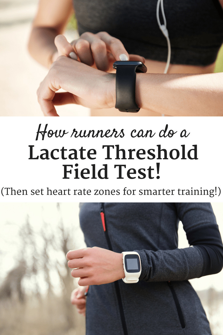 A runner looking at their watch, with a text overlay that says how runners can do a lactate threshold field test.