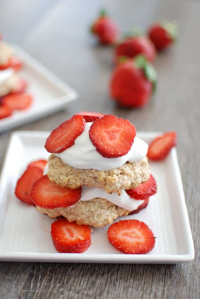 This healthy strawberry shortcake recipe is perfect for a summer dessert! It works great for a cookout –make the biscuits ahead of time and guests can add the toppings. 