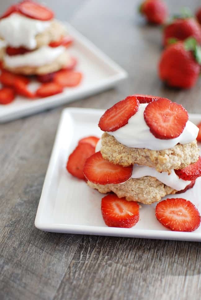This healthy strawberry shortcake recipe is perfect for a summer dessert! It works great for a cookout –make the biscuits ahead of time and guests can add the toppings. 