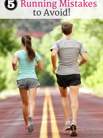 A couple running along a paved path with a text overlay about running mistakes to avoid