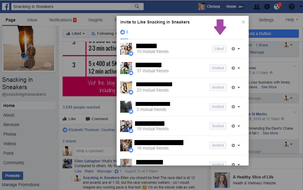 Screenshot of how to invite people to like your facebook page