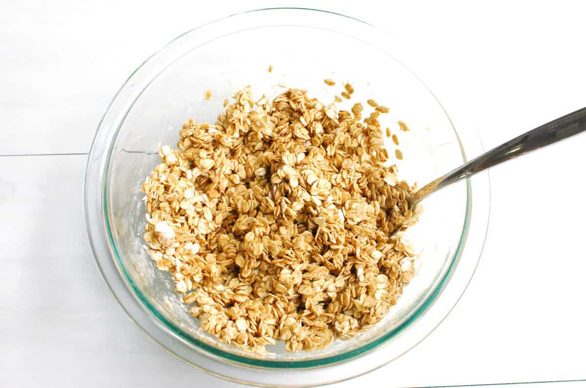 Oats, flour, cinnamon, salt, maple syrup, butter, and vanilla mixed together in a bowl.