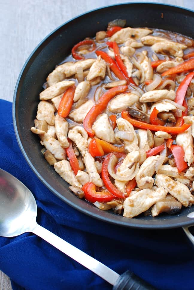 Skillet full of homemade healthy chicken teriyaki