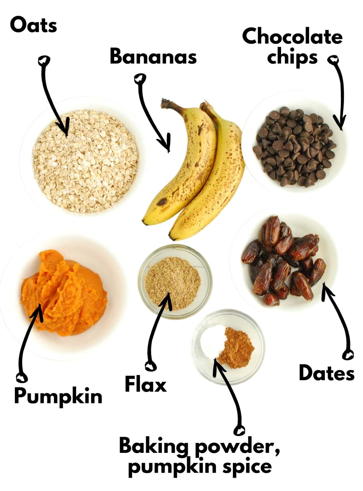 Oats, bananas, chocolate chips, pumpkin, flax, baking powder, pumpkin spice, and dates on a white backdrop.
