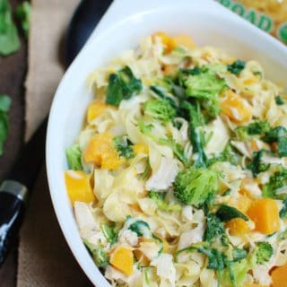 Craving a tasty noodle recipe? Try a butternut squash casserole with noodles, chicken, and broccoli!