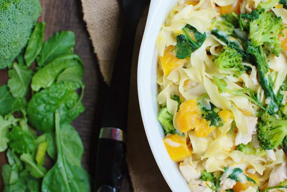 Craving a tasty noodle recipe? Try a butternut squash casserole with noodles, chicken, and broccoli!