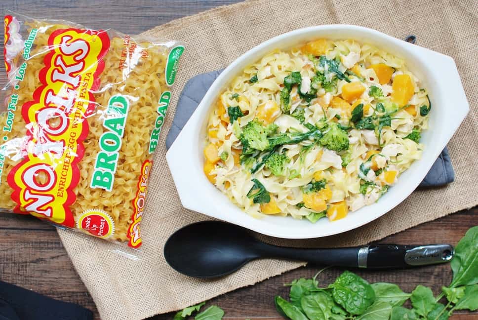 Craving a tasty noodle recipe? Try a butternut squash casserole with noodles, chicken, and broccoli!