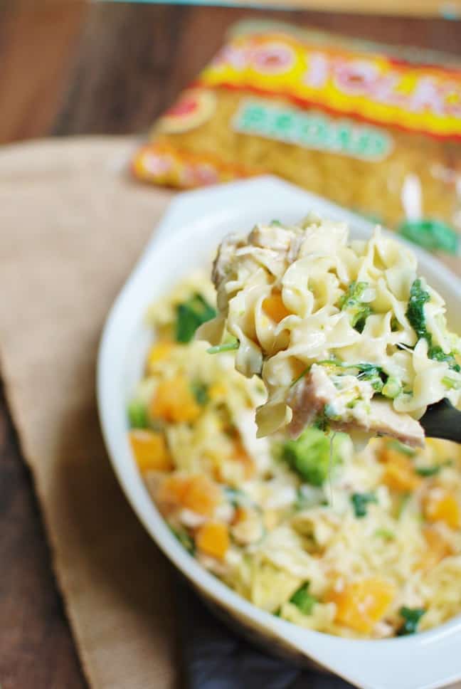 Craving a tasty noodle recipe? Try a butternut squash casserole with noodles, chicken, and broccoli!