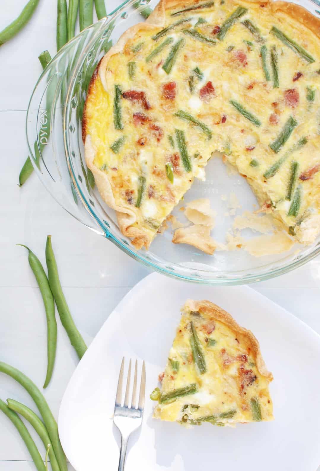 This easy quiche is made with just 8 ingredients! Plus, it’s a relatively healthy quiche, made using milk rather than half and half or cream, and loaded with nutrient-rich green beans.