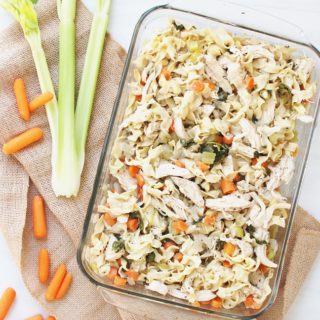 Chicken noodle soup casserole is an easy, dump and bake dinner! It’s all the flavors of the classic soup, just without a ton of extra broth.