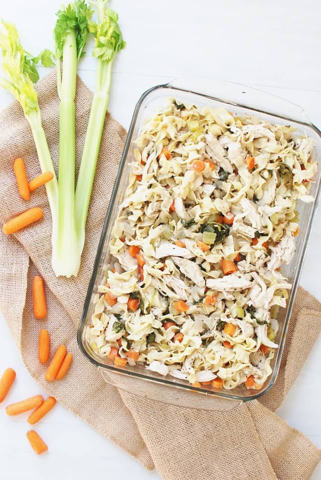 Chicken noodle soup casserole is an easy, dump and bake dinner! It’s all the flavors of the classic soup, just without a ton of extra broth. 