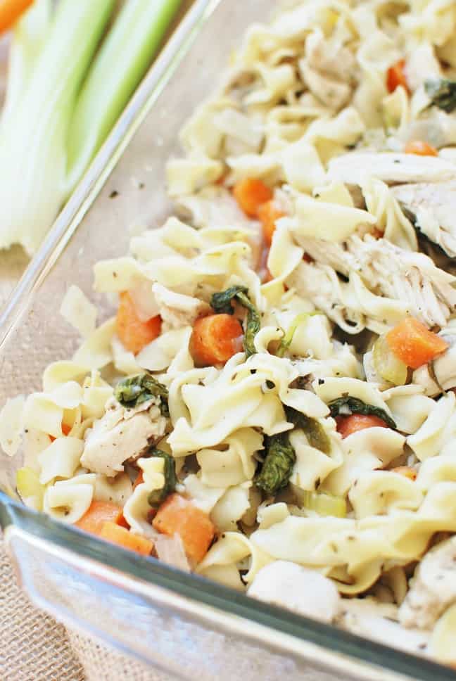 Chicken noodle soup casserole is an easy, dump and bake dinner! It’s all the flavors of the classic soup, just without a ton of extra broth. 