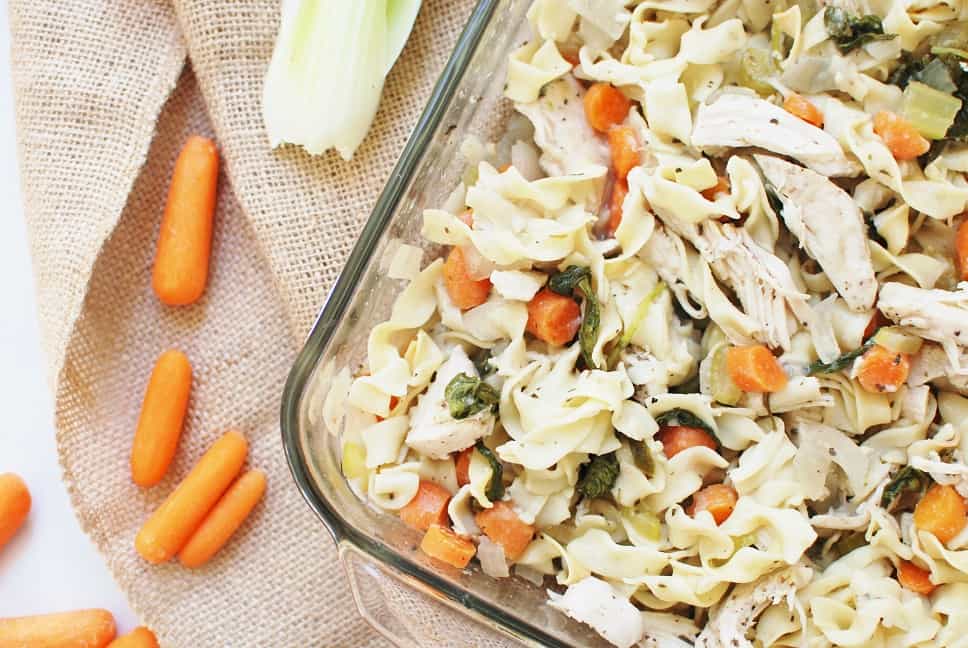 Chicken noodle soup casserole is an easy, dump and bake dinner! It’s all the flavors of the classic soup, just without a ton of extra broth. 