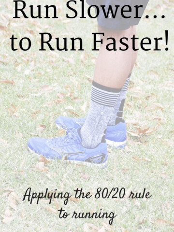 A pair of sneakers with a text overlay about running slower to run faster
