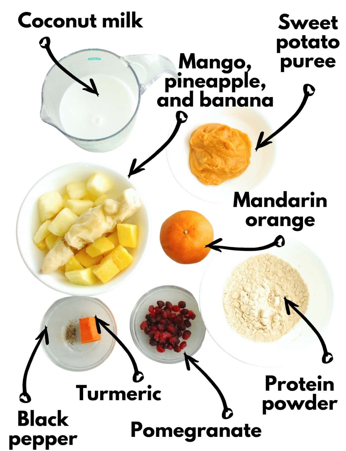 Coconut milk, mango, pineapple, banana, mandarin orange, sweet potato puree, protein powder, turmeric, black pepper, and pomegranate.
