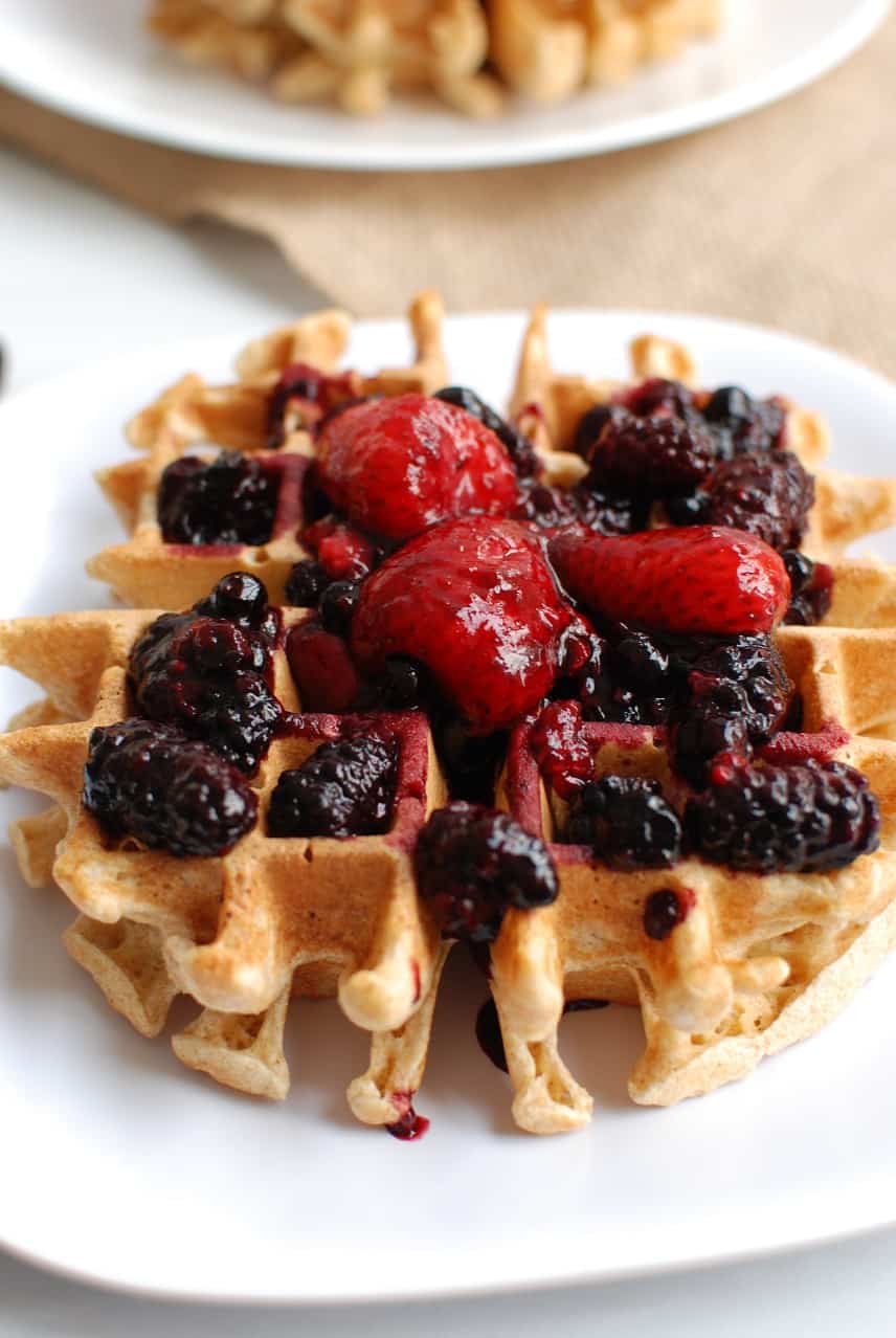 Whole grain einkorn waffles with warm berry compote