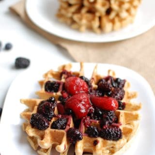Whole grain einkorn waffles with warm berry compote