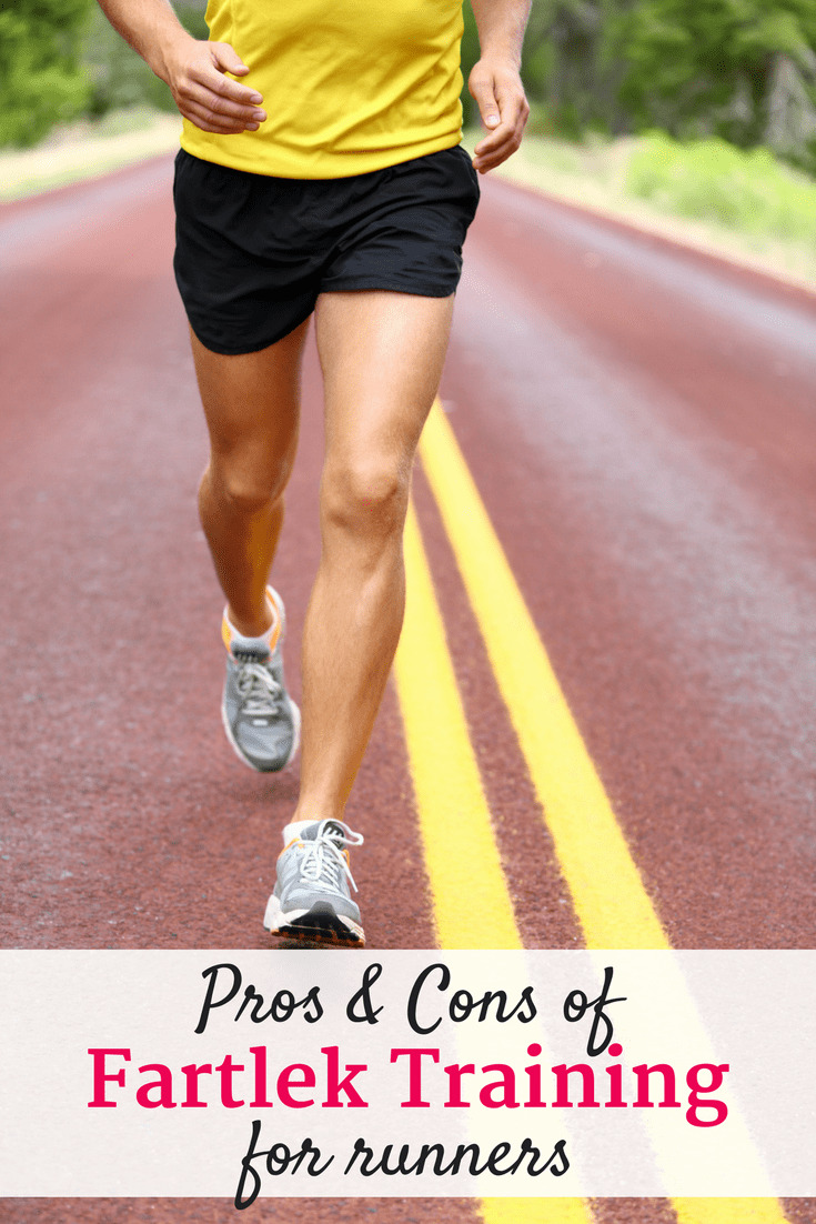 A runner on a paved path with a text overlay that says pros and cons of fartlek training.