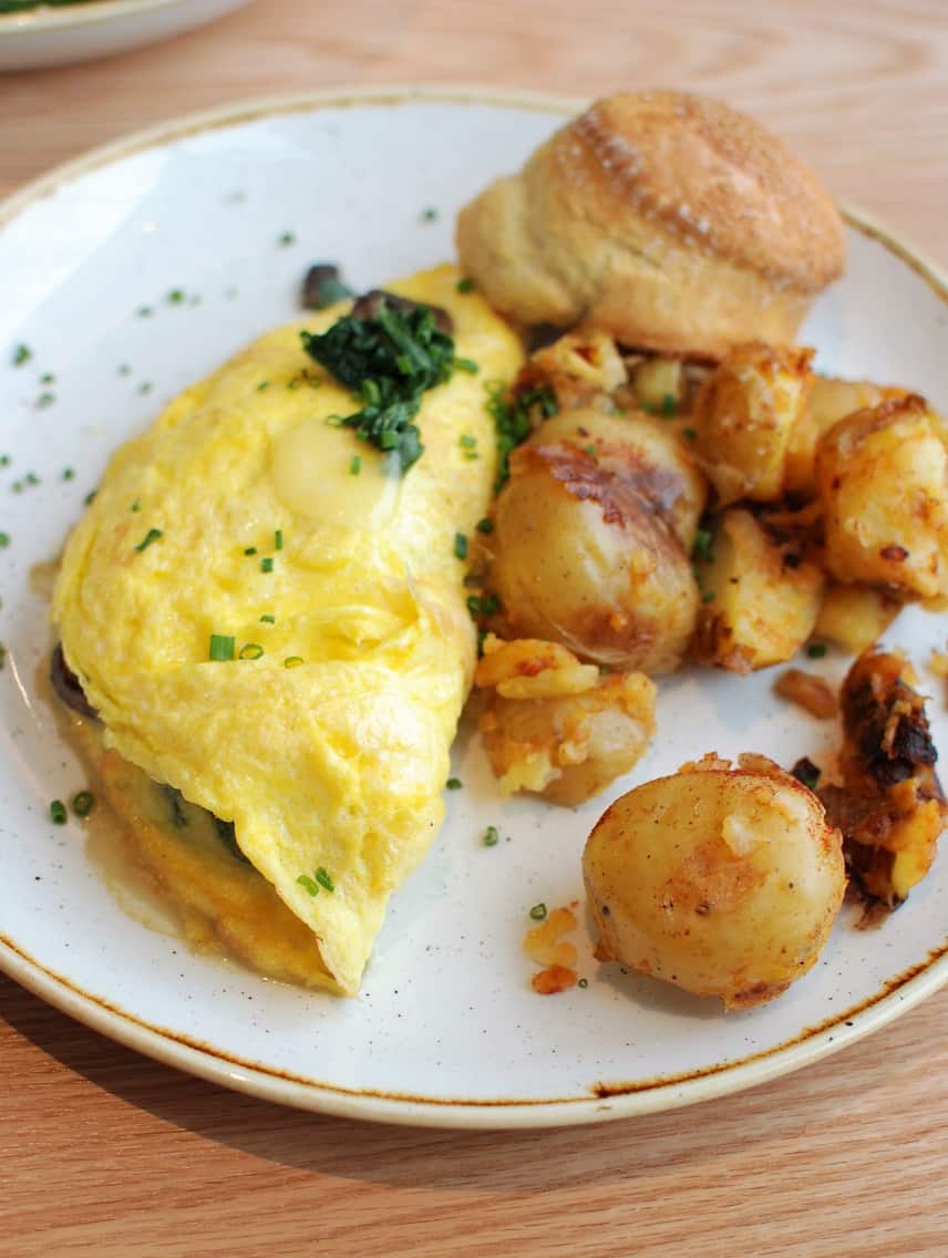 Omelet with Farm Fresh Eggs, Potatoes, and a Scone